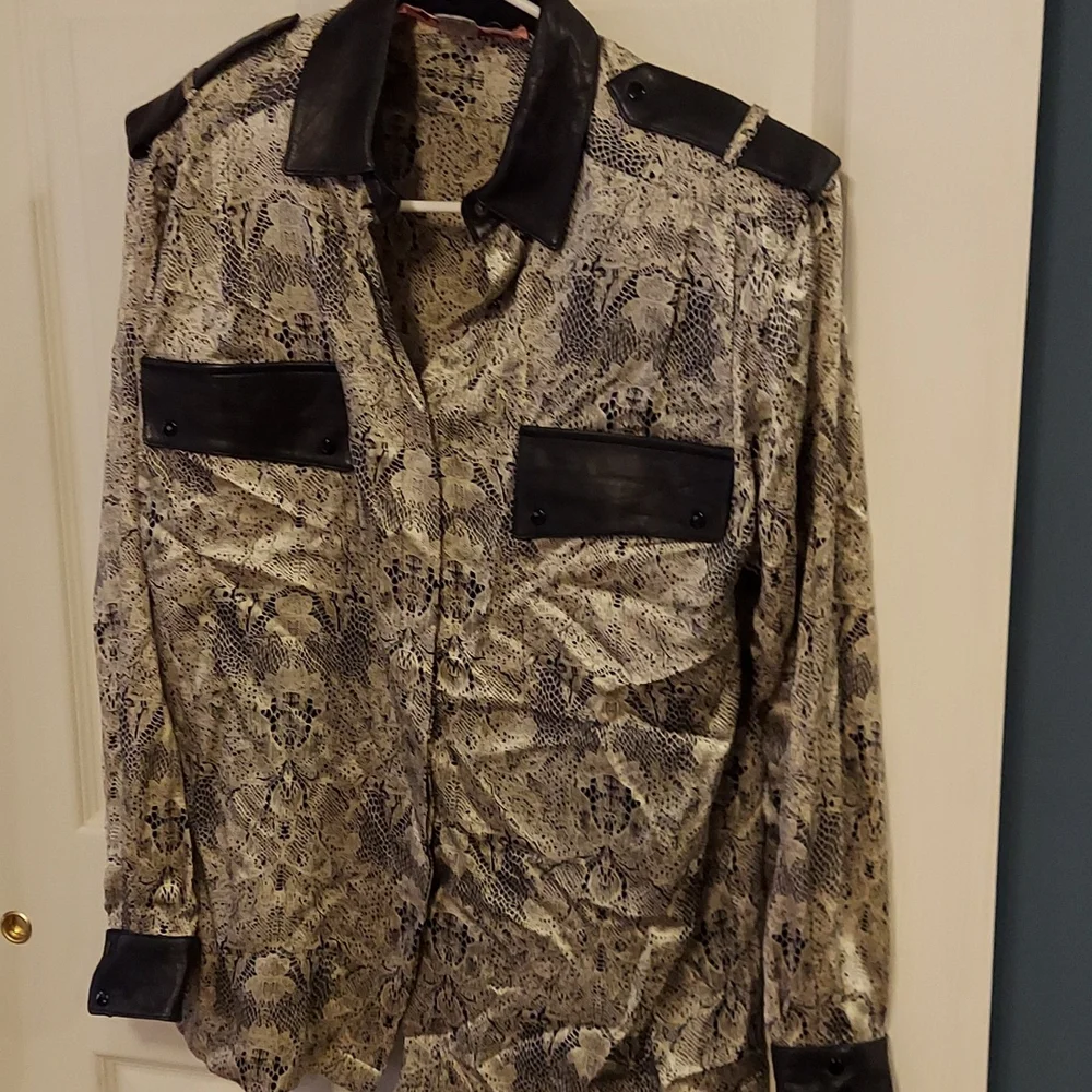 Vintage La Rue des Reves Soho Silk Button Down Blouse Faux Leather Trim
